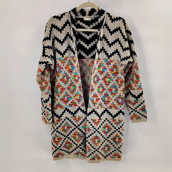 Debut Small Aztec Open Front Cardigan Sweater Black Multicolor - Picture 1 of 5